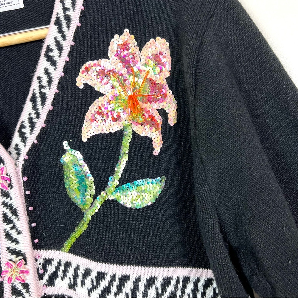 Vintage 90’s Y2K Storybook Knits Lillies Of The Night Sequin Sweater Cardigan - Picture 9 of 16